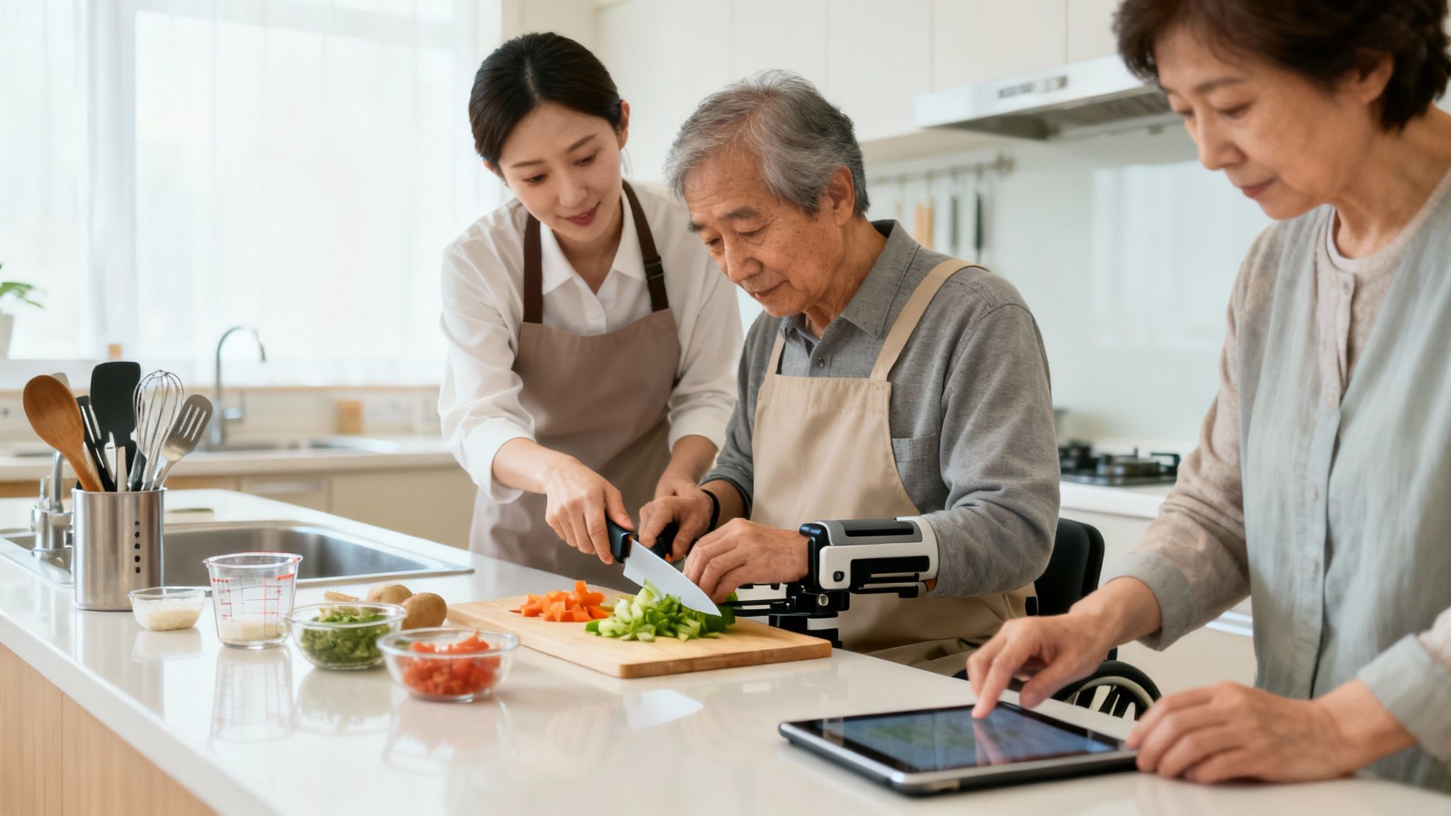A caregiver assists an elderly man with a disability, who is using an arm support, to chop vegetables in a kitchen.