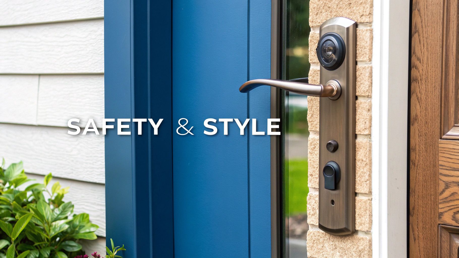 A stylish satin nickel door handle and lockset installed on a modern, dark-coloured door.