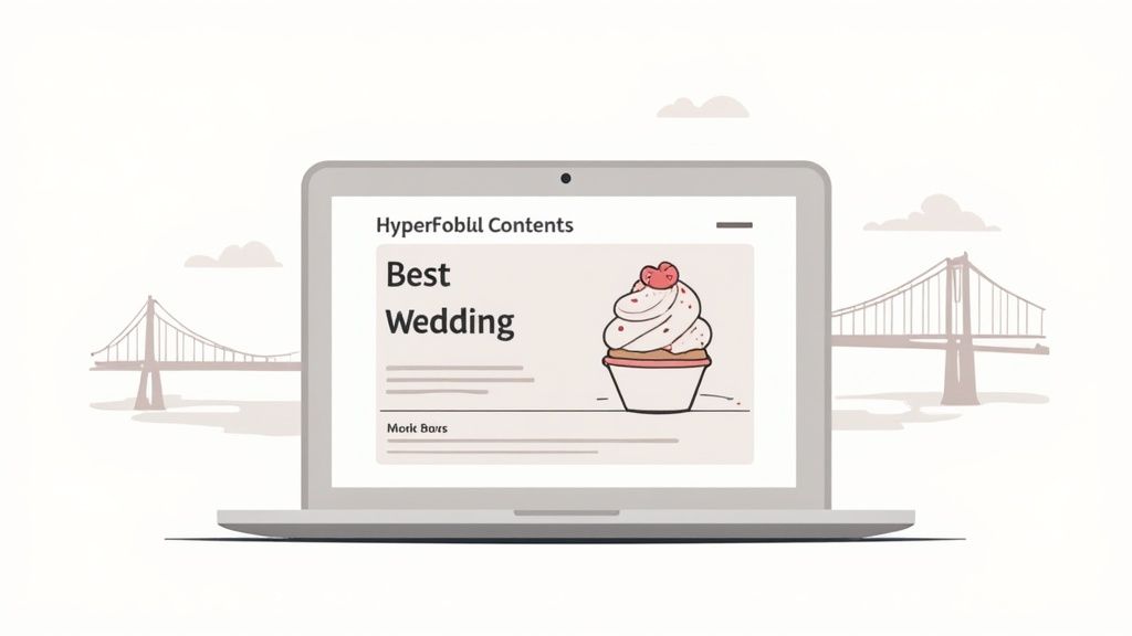 A laptop displays a 'Best Wedding' article with a cupcake illustration, set against a backdrop of bridges.