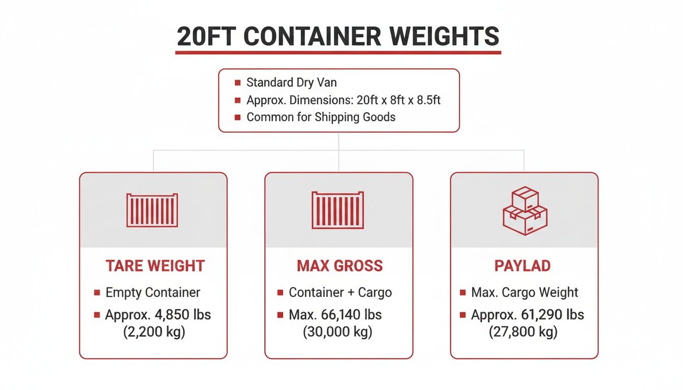 Infographic illustrating tare, gross, and payload weights for a 20ft standard shipping container.