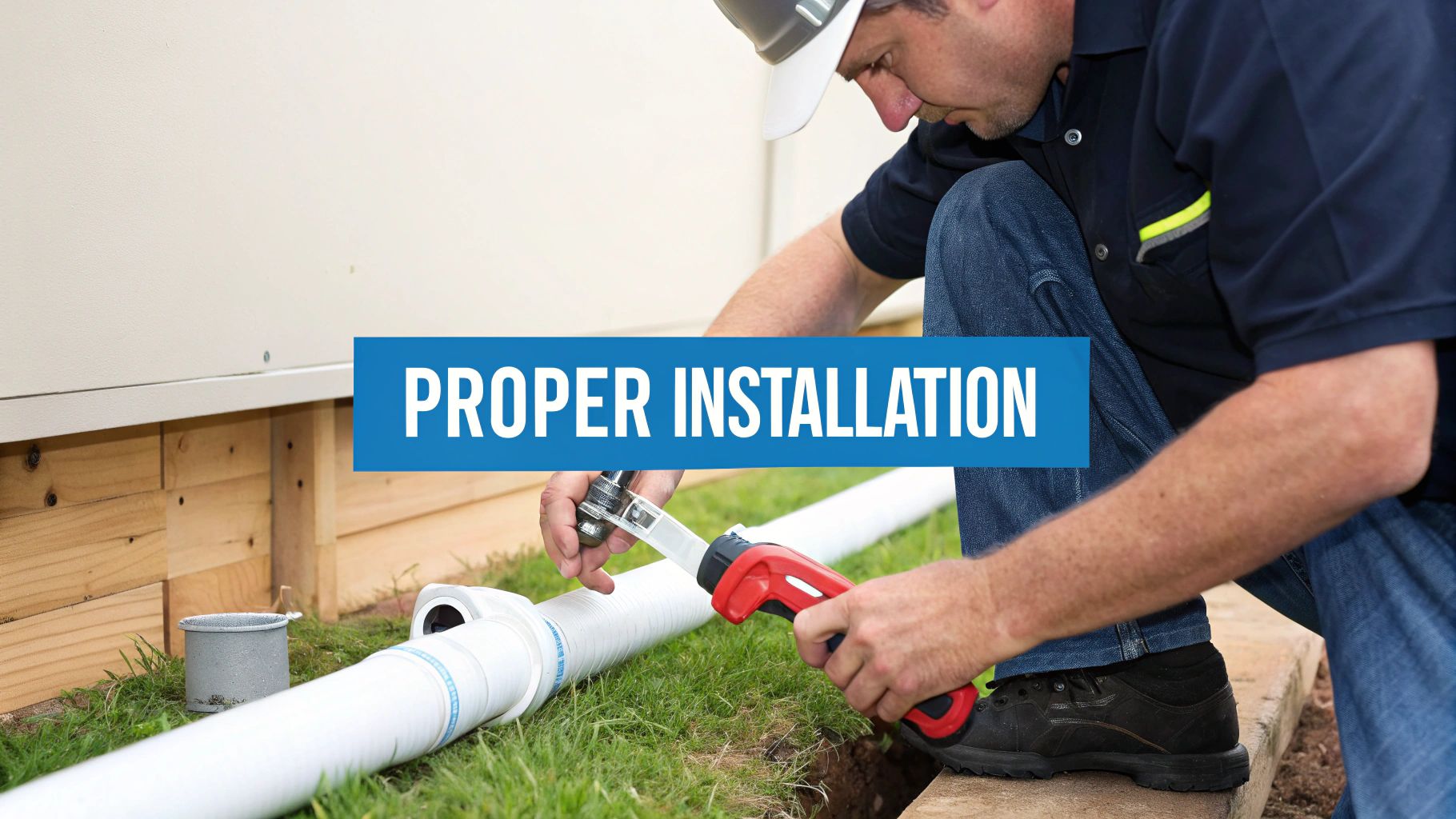 A man in a hard hat and jeans is installing a white pipe on grass next to a building, using a pipe cutter.
