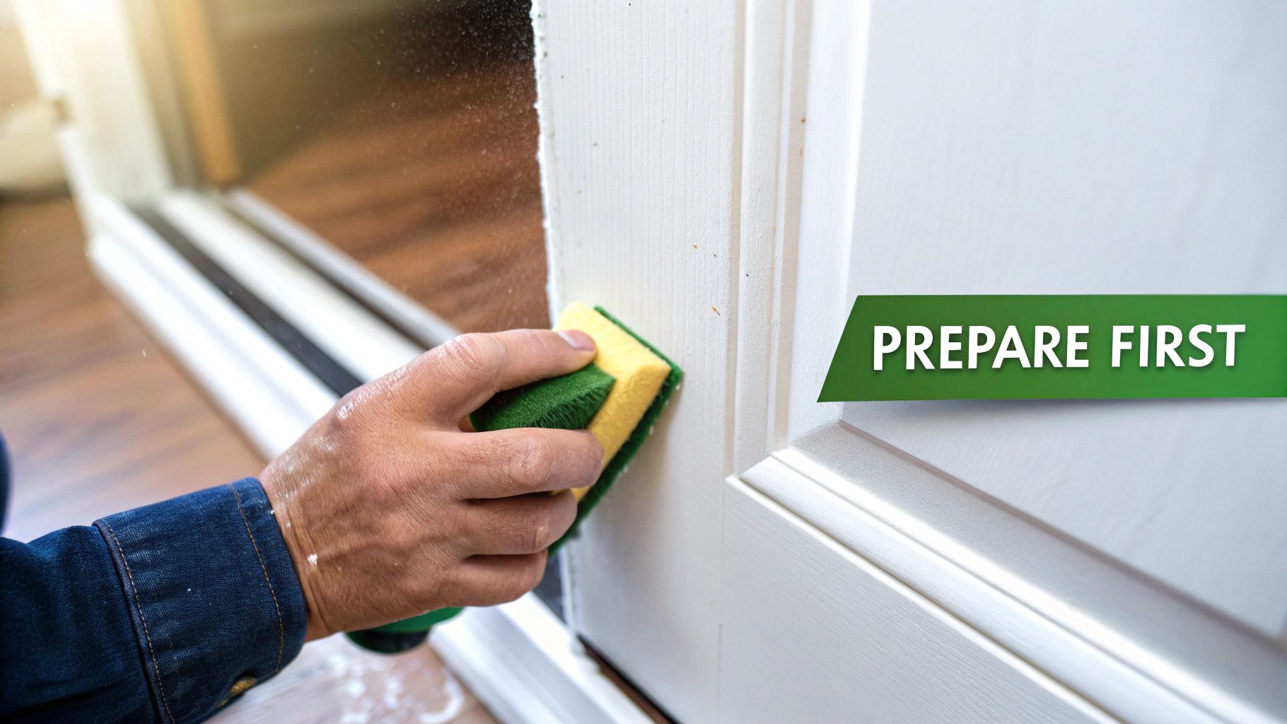 A person lightly sanding a gloss-painted wooden door to prepare it for a new coat of paint.