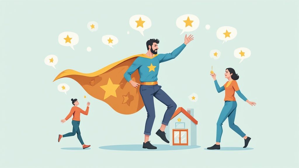 A superhero man with a cape stands proudly with two women and a house, surrounded by star rating bubbles.