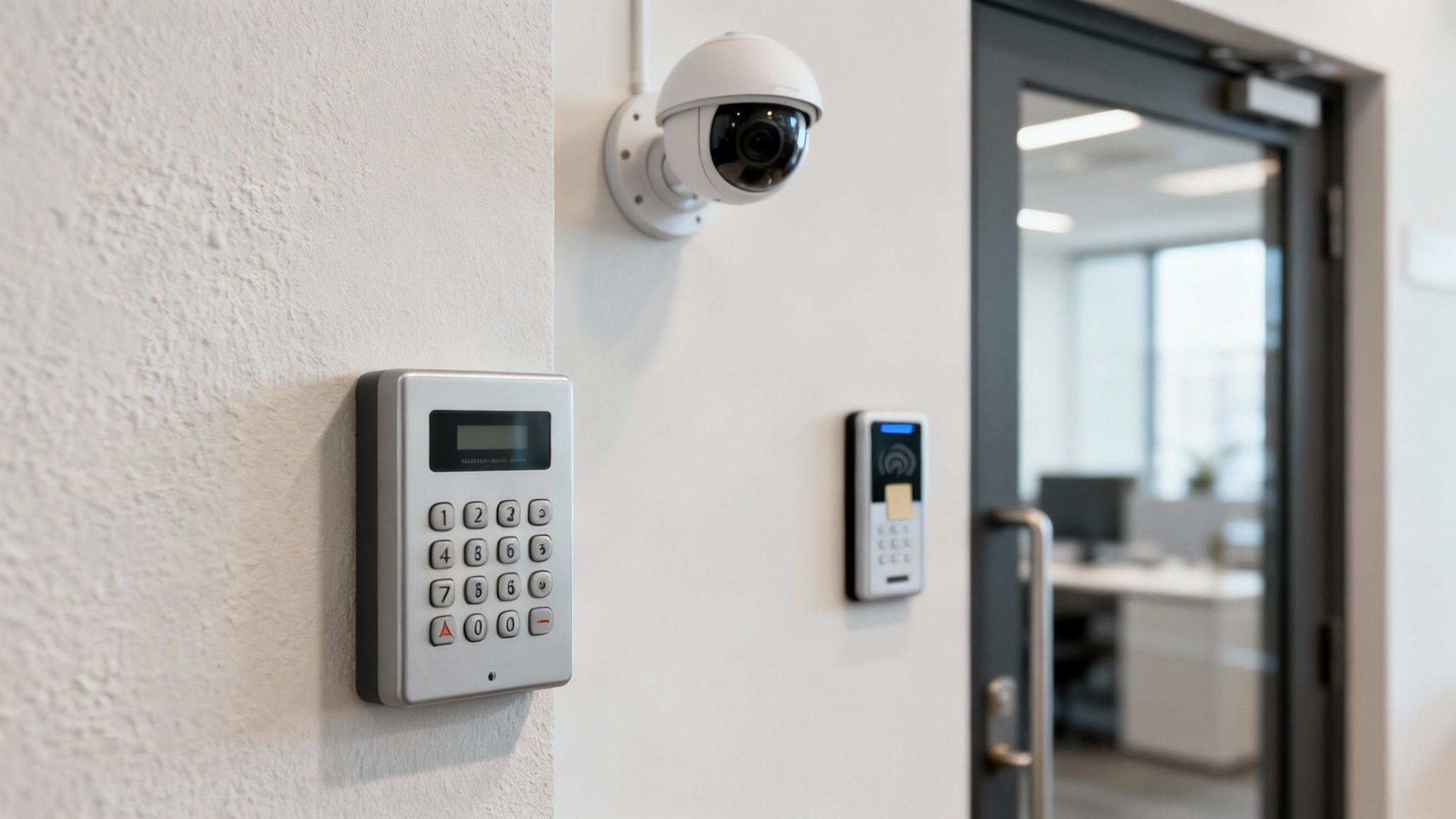 Modern office security system with a camera, keypad, and RFID reader next to a glass door.