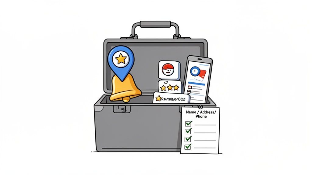 An open briefcase holds tools for online business reputation: a map pin, bell, ratings, and a contact checklist.