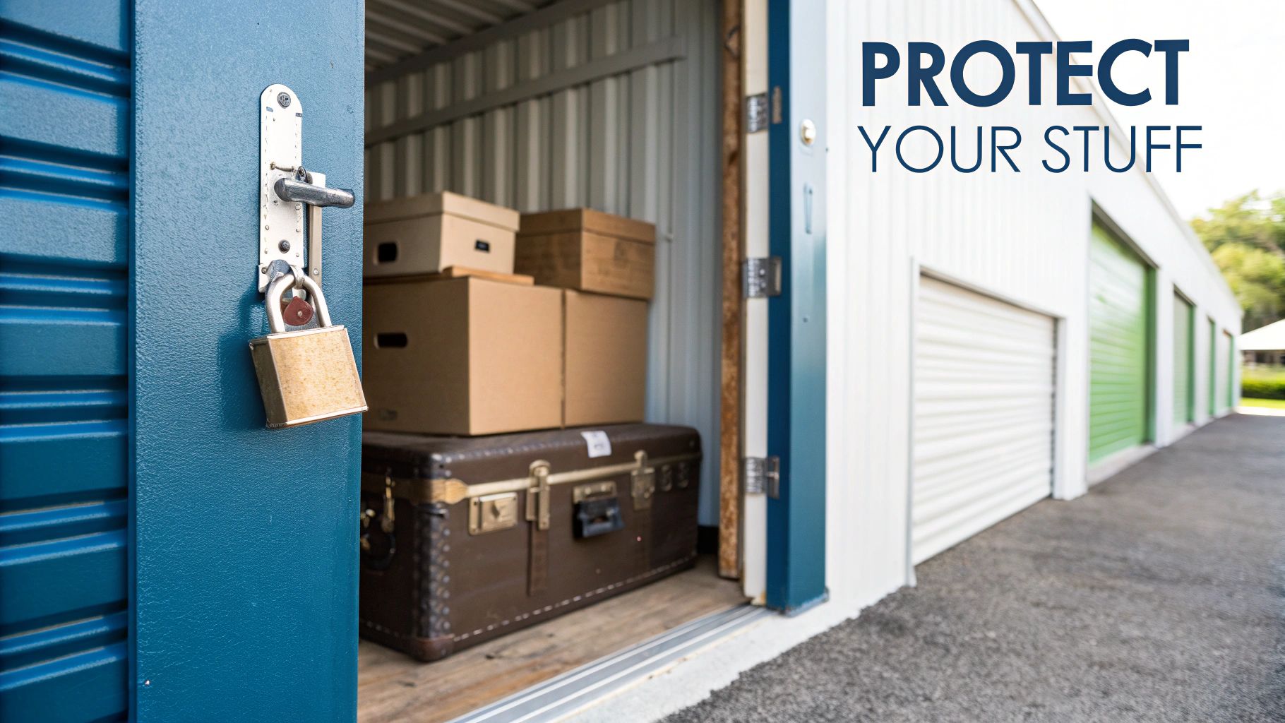 A self-storage unit with an open blue door, secured by a padlock, revealing moving boxes and a trunk inside.