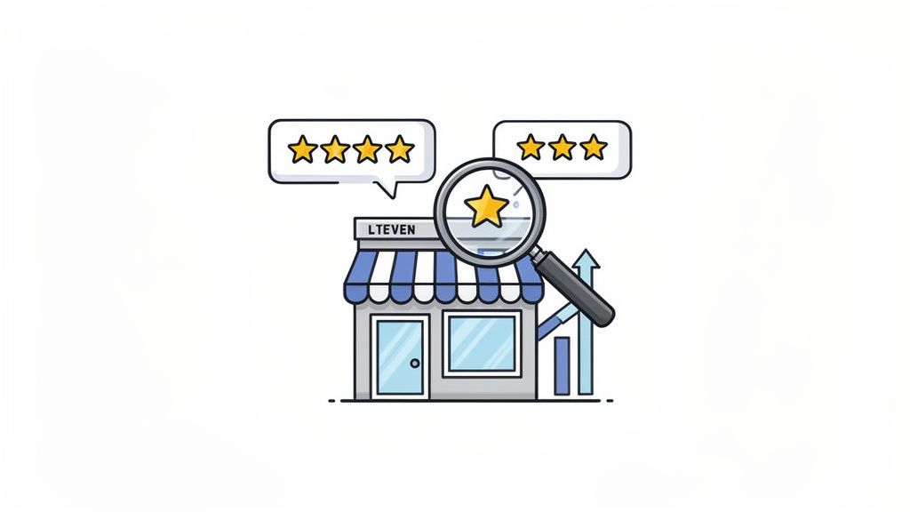 Illustration of a small business with customer star ratings, a magnifying glass, and growth charts.