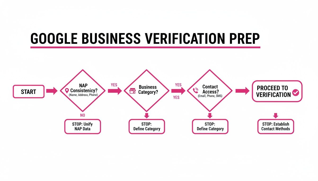 Flowchart outlining Google Business verification preparation steps: NAP consistency, business category, and contact access.