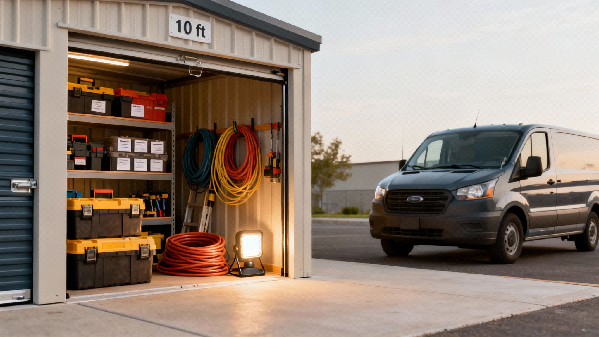Temporary storage near me: Smart storage solutions 3 An open storage unit with shelves of toolboxes, coiled hoses, and a work light, next to a grey commercial van.