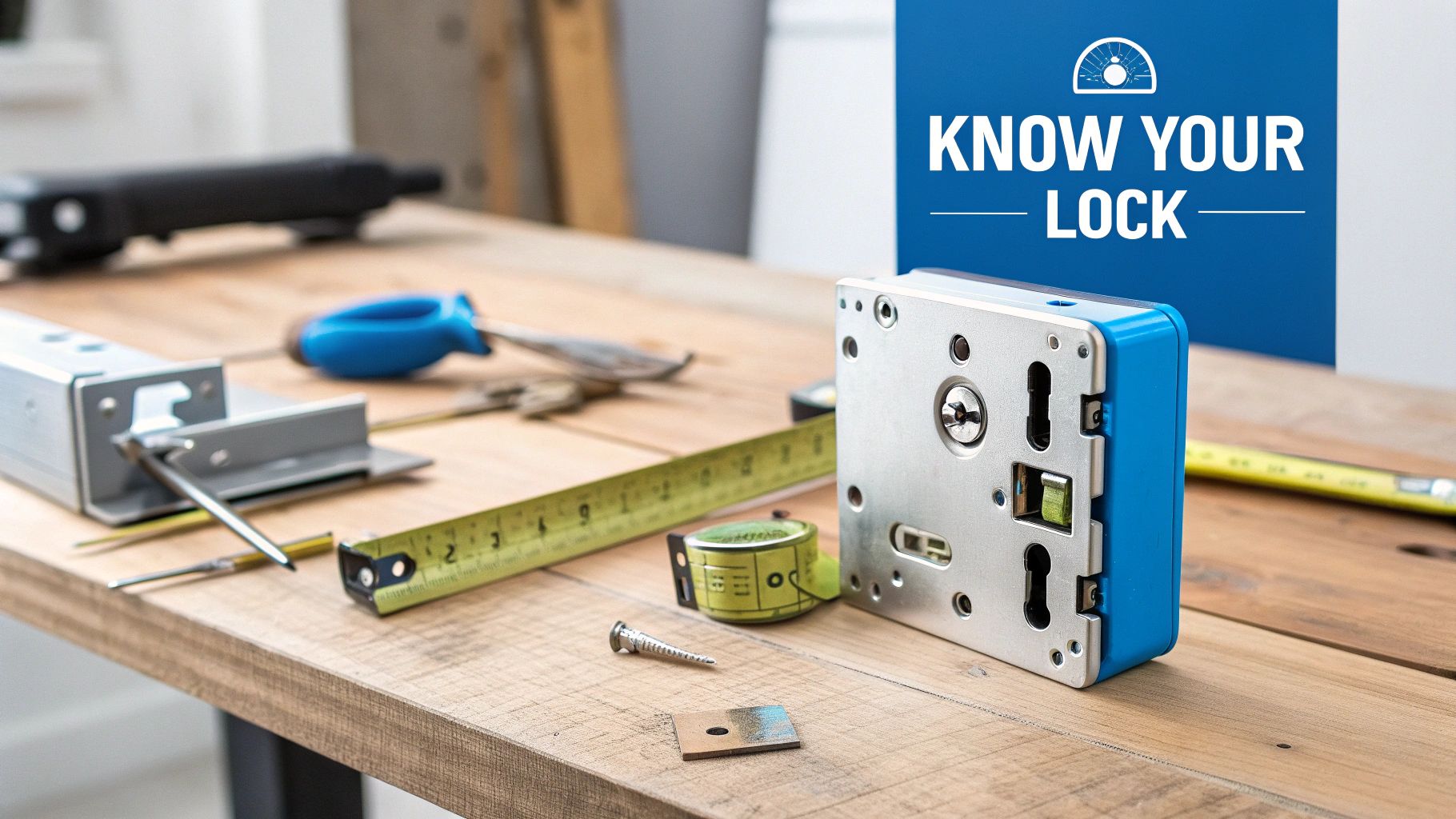 A close-up of a mortice lock and its components laid out on a wooden surface.