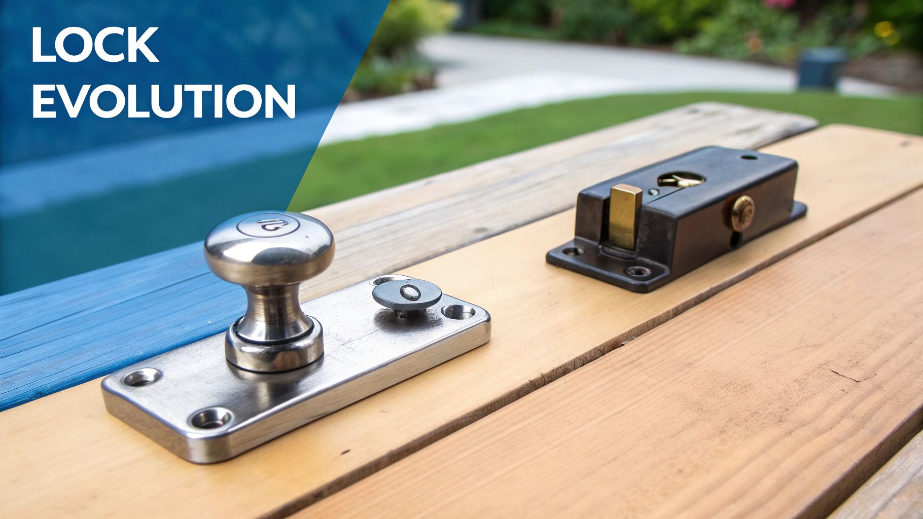 Two distinct door locks on a wooden surface, illustrating the evolution of locking mechanisms.