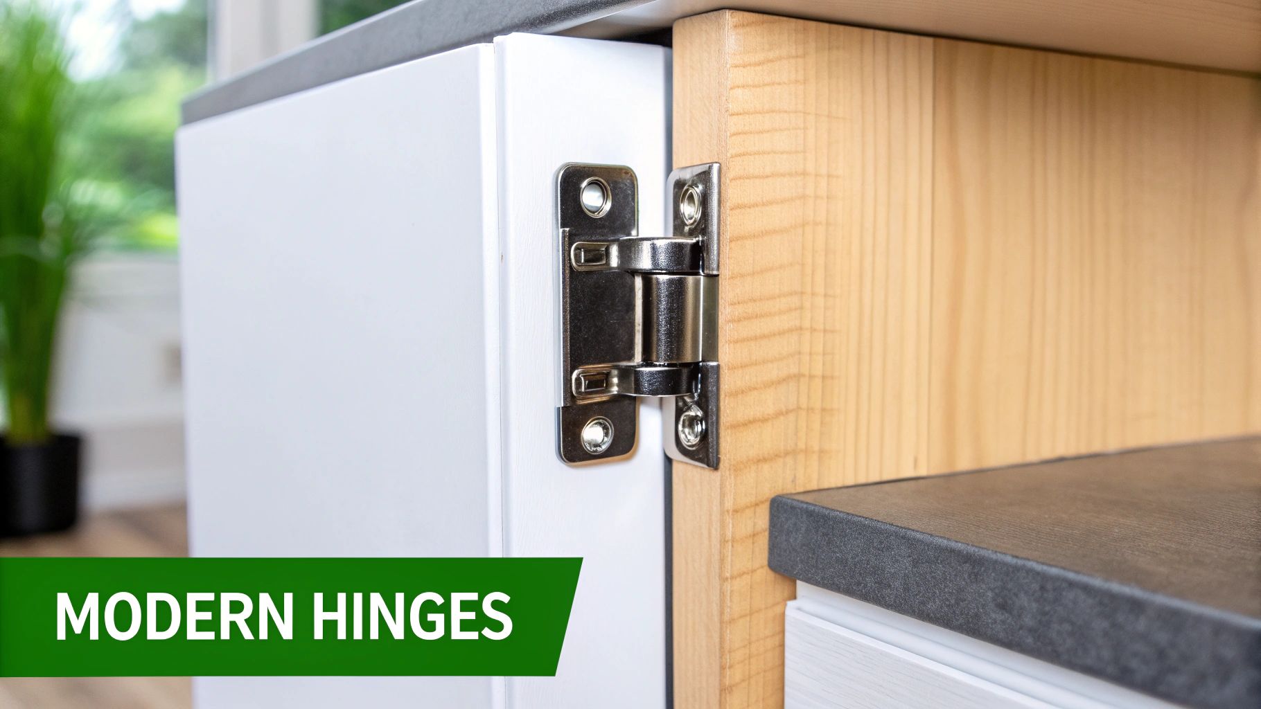A close-up of a concealed hinge inside a modern kitchen cabinet