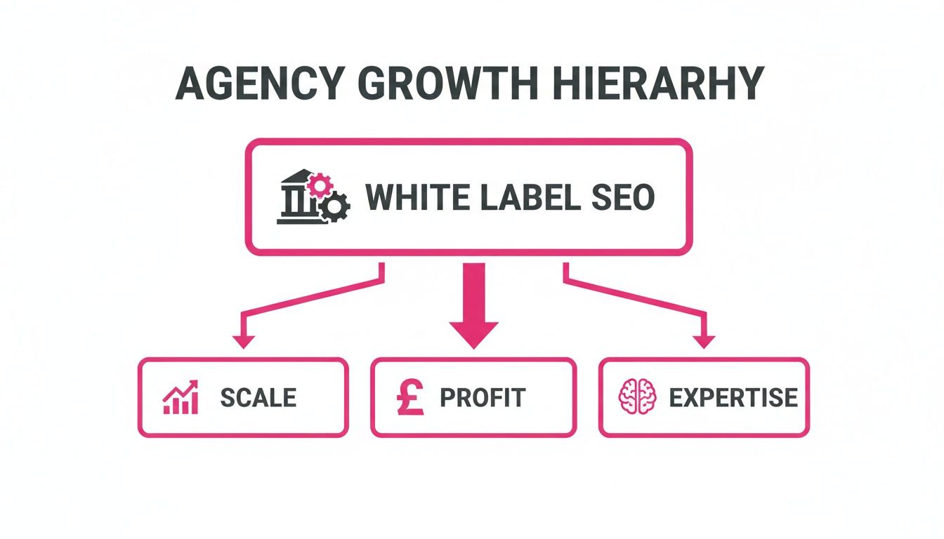 A hierarchy diagram showing White Label SEO as the foundation for agency growth, leading to Scale, Profit, and Expertise.