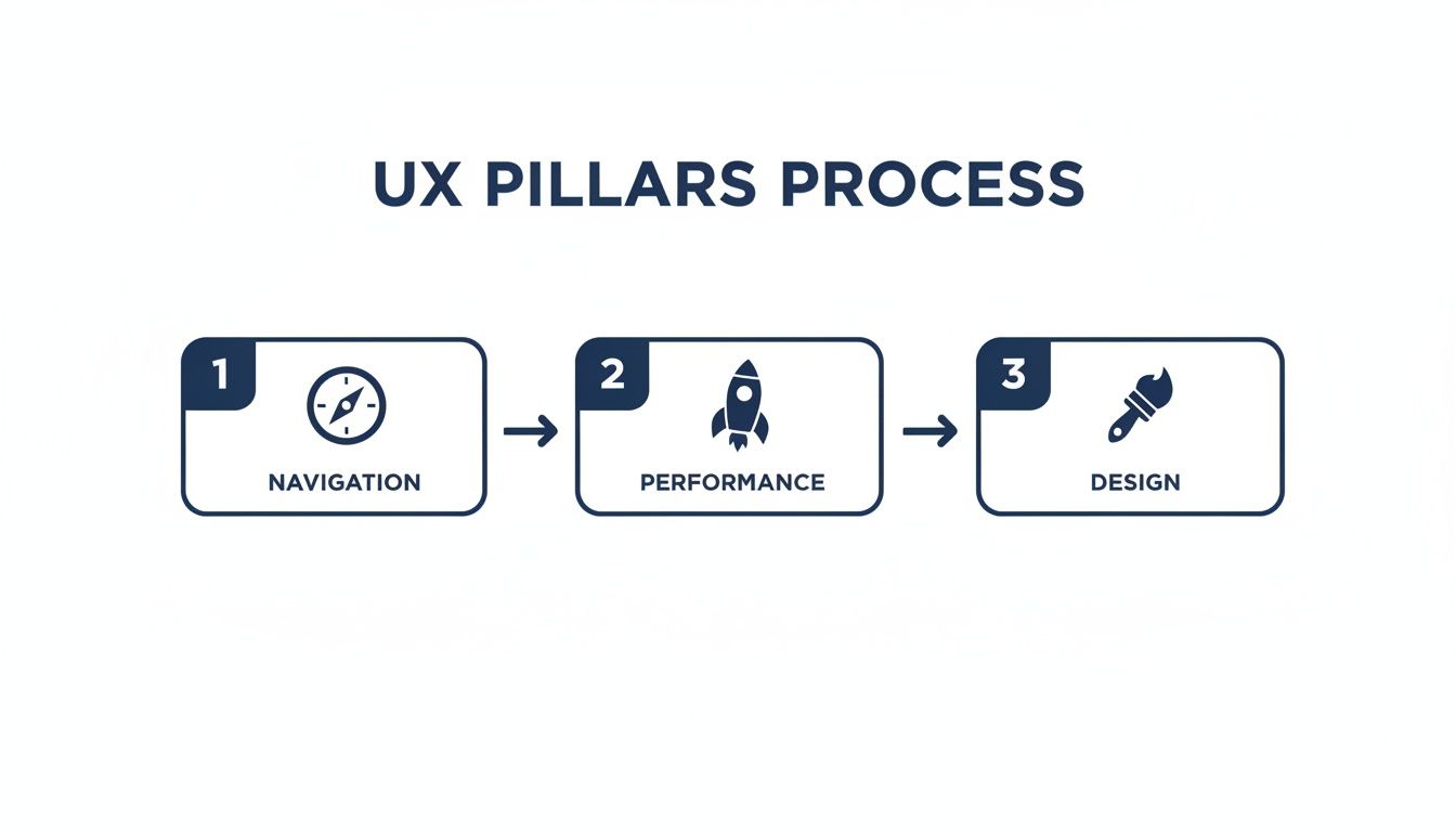 A diagram illustrating the UX Pillars Process with three key steps: Navigation, Performance, and Design.