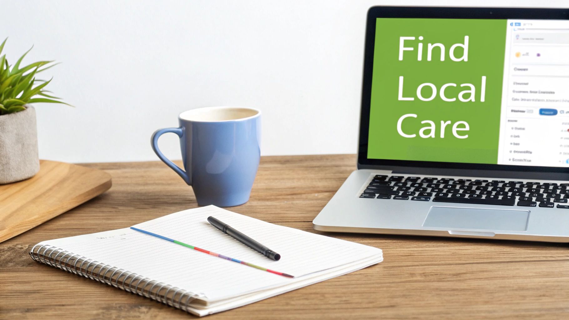 Desk setup with a laptop showing 'Find Local Care', blue mug, plant, and notebook.