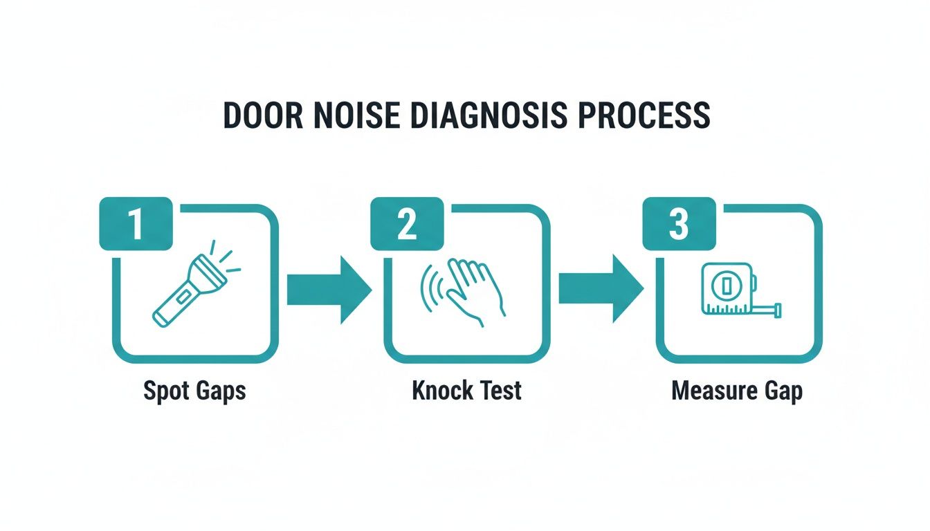 Flowchart illustrating a three-step door noise diagnosis process: spot gaps, knock test, and measure gap.