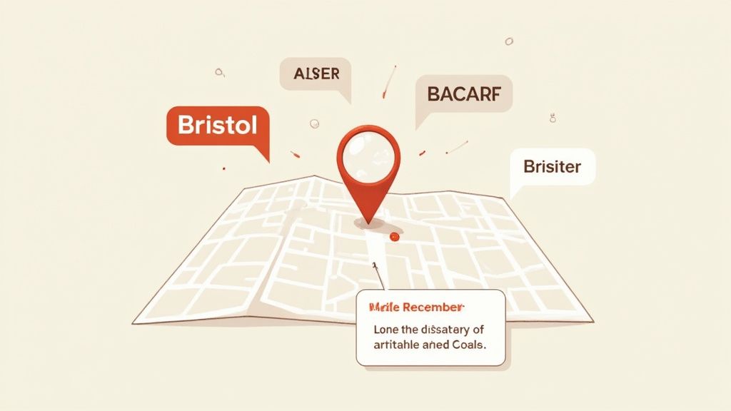 An illustration of a map with a red location pin and text bubbles showing various place names.