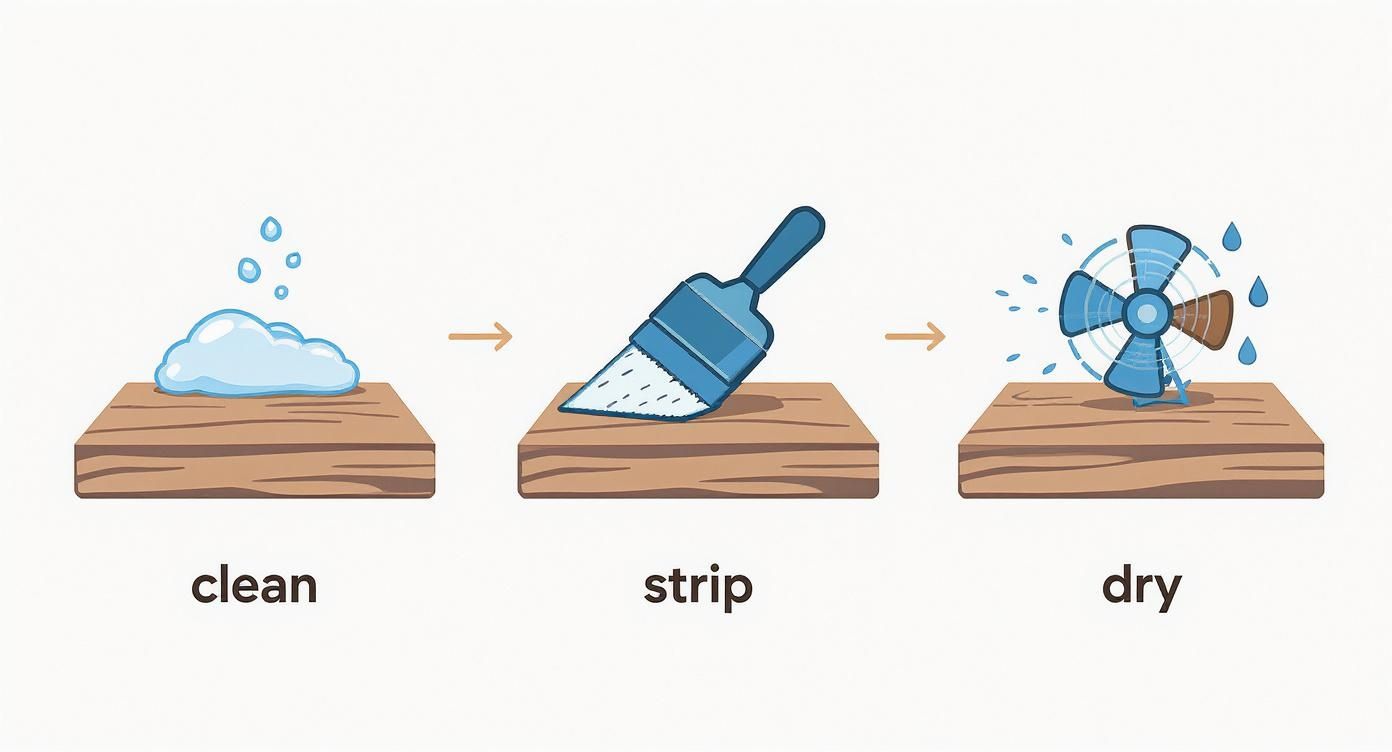 Three step wood preparation process showing cleaning with soap, stripping with brush, and drying with fan