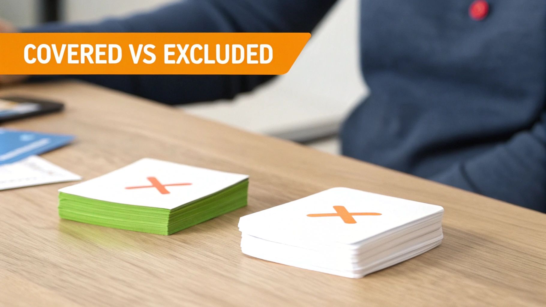 Two stacks of cards with orange cross symbols, one with green edges, on a wooden table, under a 'COVERED VS EXCLUDED' banner.
