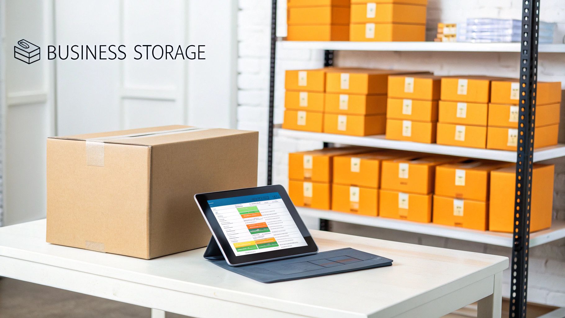 A business storage unit with a large cardboard box, a tablet, and shelves of neatly organized orange boxes.