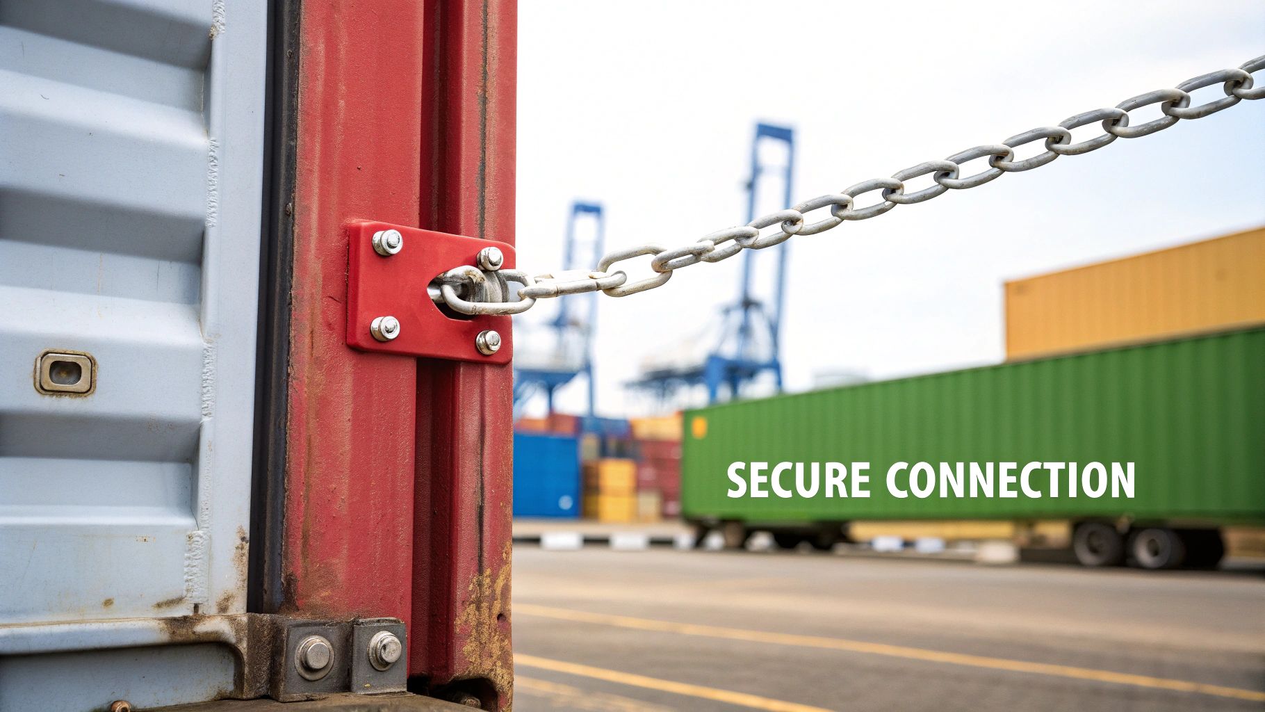 A red shipping container door is secured with a heavy metal chain, symbolizing a secure connection in global logistics.