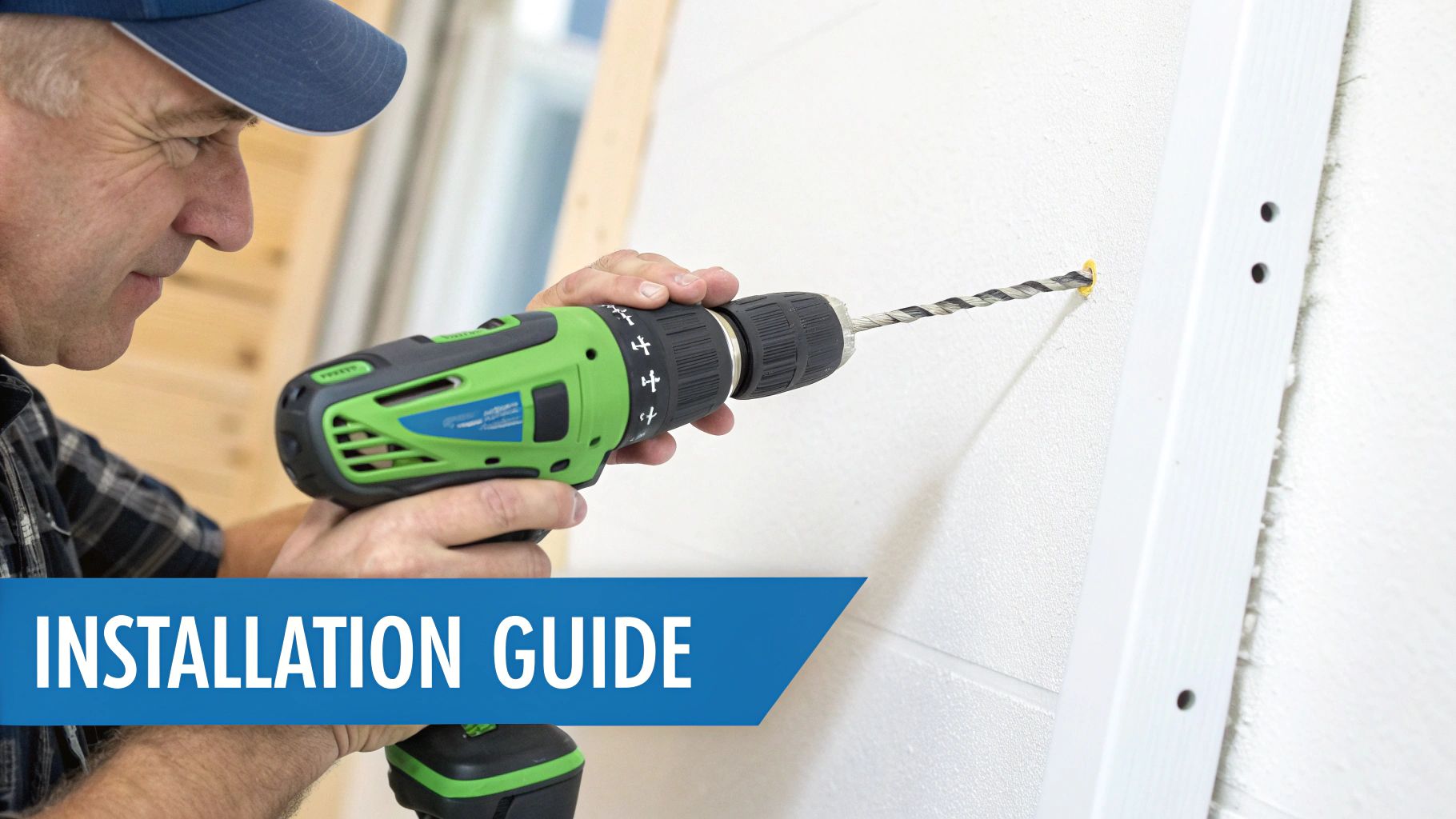 Man using a green cordless drill to make a pilot hole in a white wall for an installation.