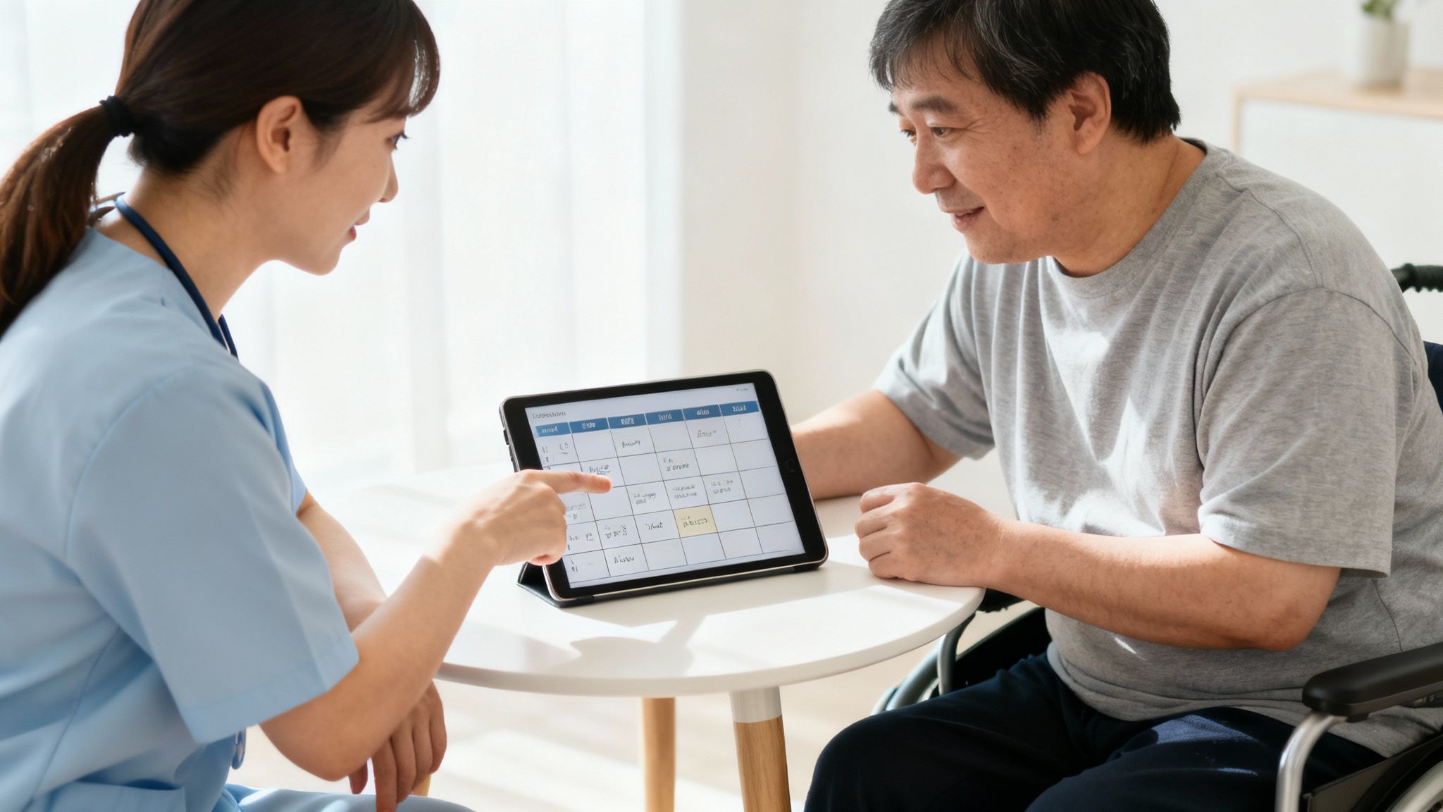 A nurse shows an elderly male patient his care schedule on a tablet, engaging in a focused discussion.