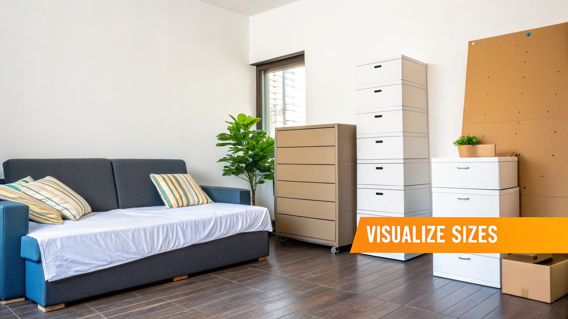 A well-organised self-storage unit with neatly stacked boxes and furniture.