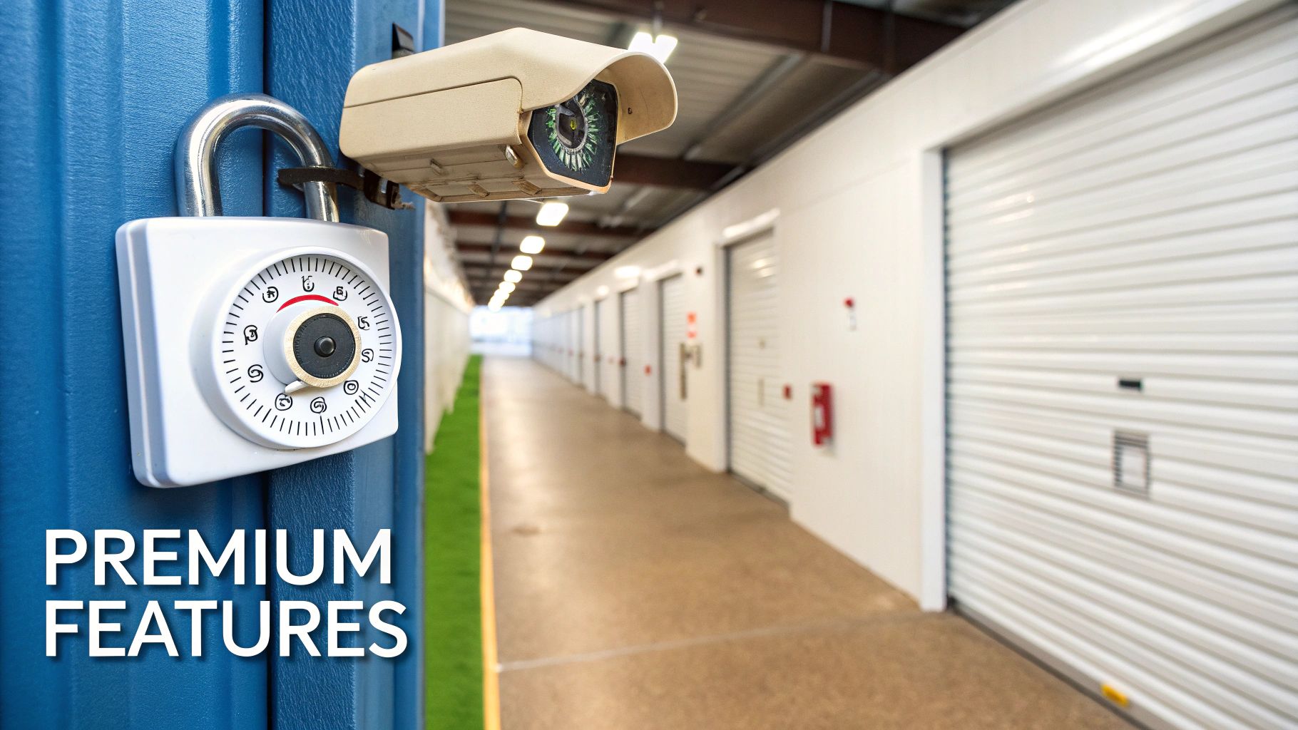 Modern, secure self-storage facility with clean hallways and brightly lit units.