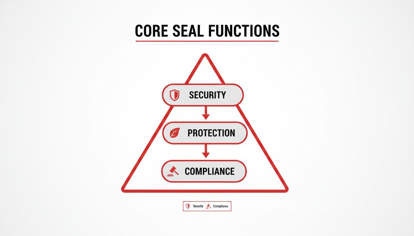 Diagram showing the core seal functions: security, protection, and compliance, arranged in a descending pyramid structure.