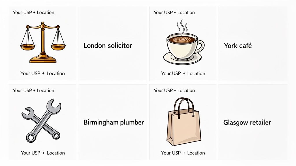 A grid of four examples showing icons and location-specific business descriptions for local services.