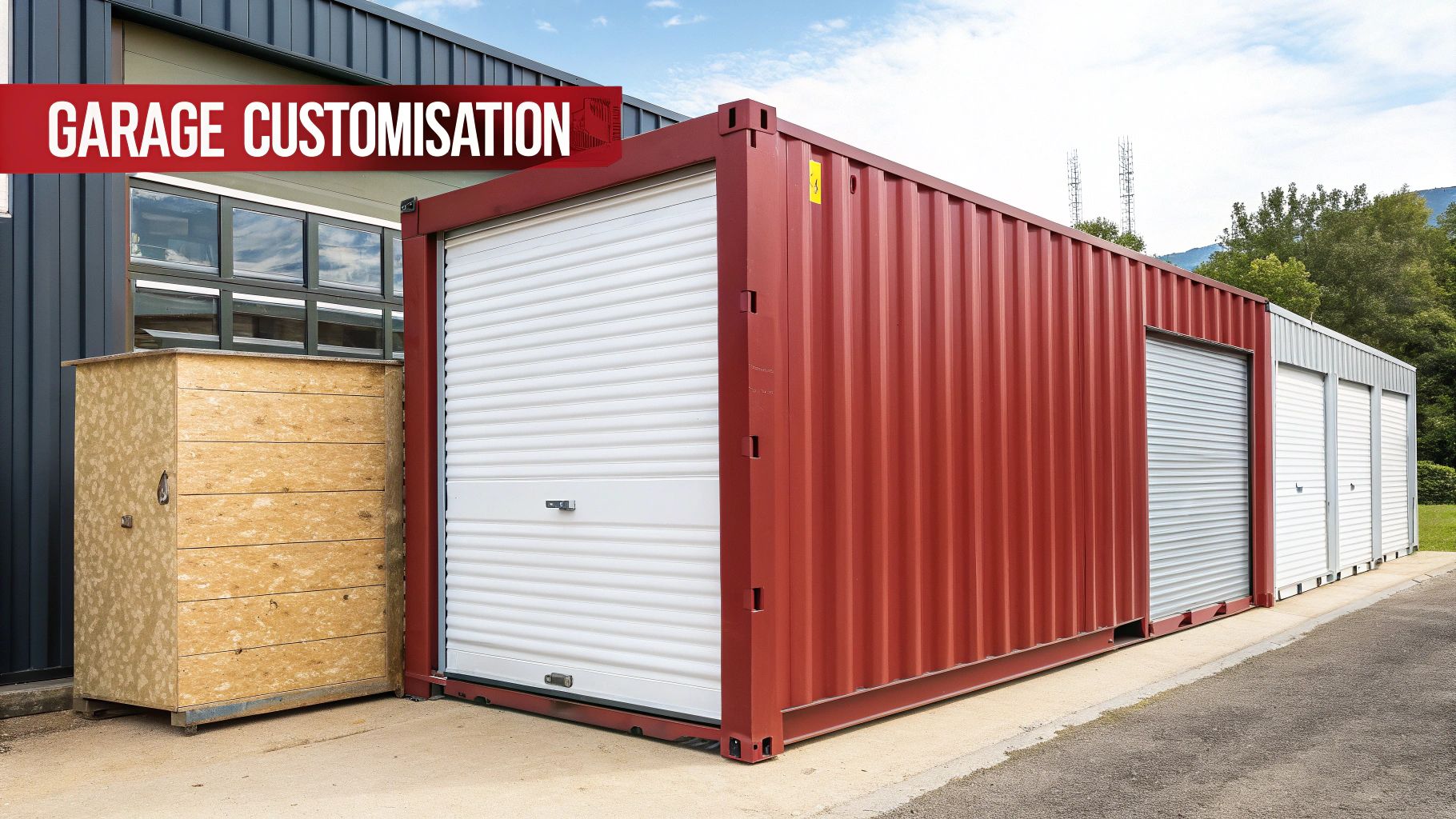 A shipping container garage with a roller door installed.