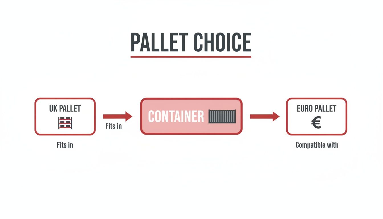 Flowchart illustrating pallet choice: UK pallets fit in a container, compatible with Euro pallets.