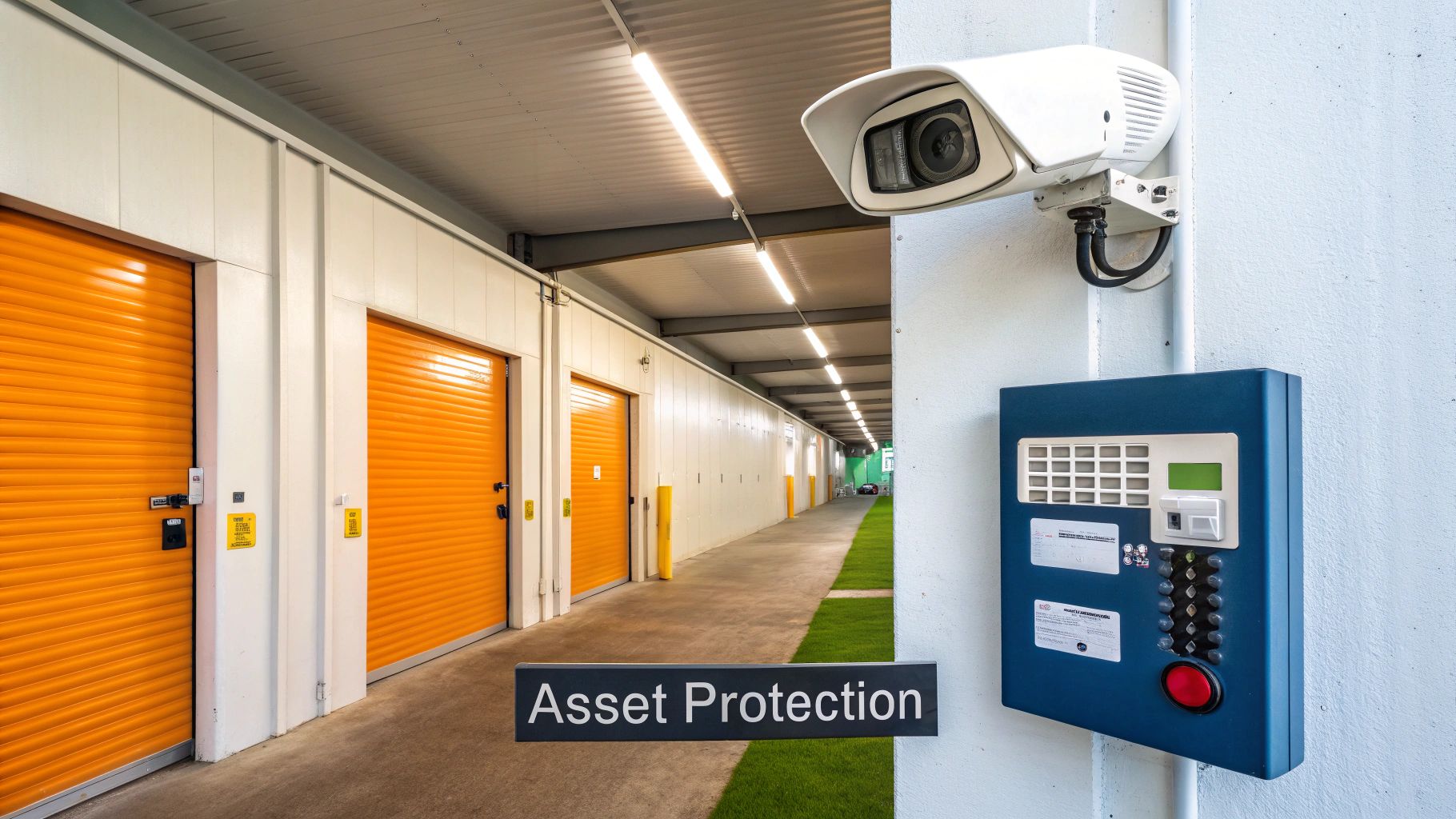 A secure self-storage facility corridor featuring numerous orange unit doors, a CCTV camera, and an access control panel for asset protection.