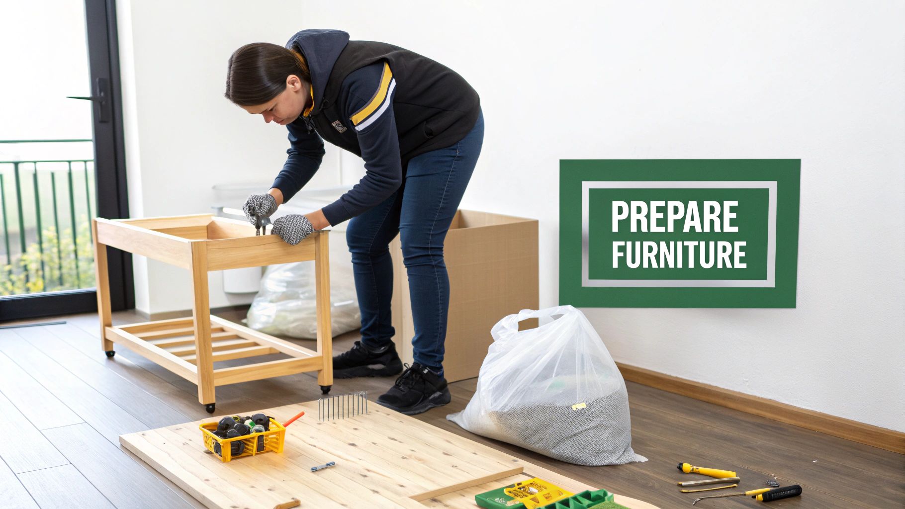 A woman in gloves assembling wooden furniture with tools, surrounded by parts and a 'PREPARE FURNITURE' sign.