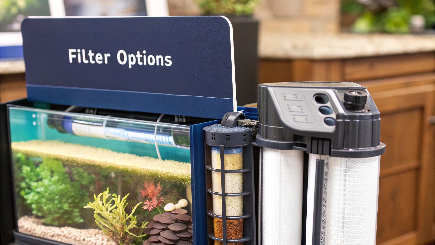 A close-up shot of an aquarium filter in operation, with clear water flowing through it.