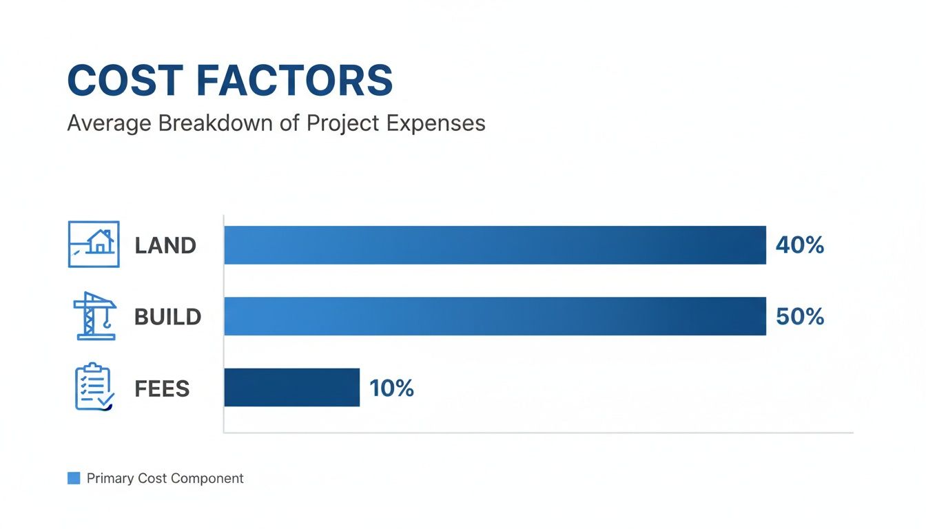 Bar chart detailing project cost breakdown: Land 40%, Build 50%, and Fees 10% of total expenses.