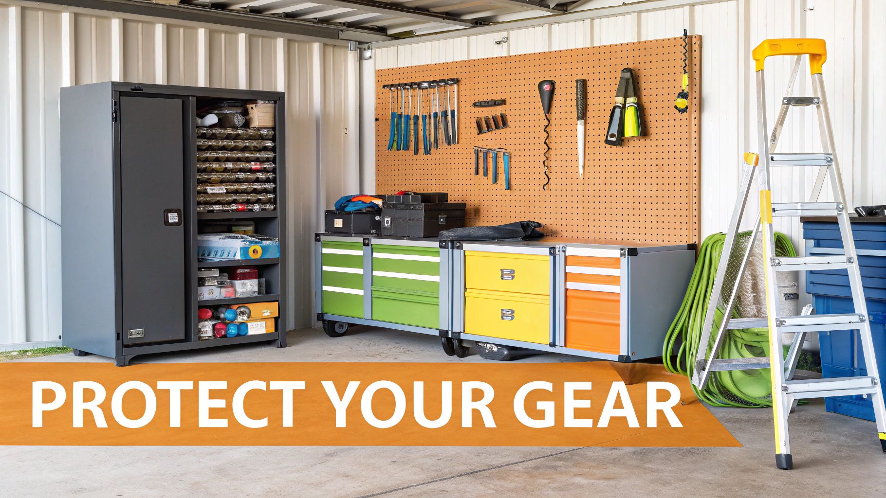 A neatly organized self-storage unit with a tool cabinet, colorful drawers, and a pegboard with tools.