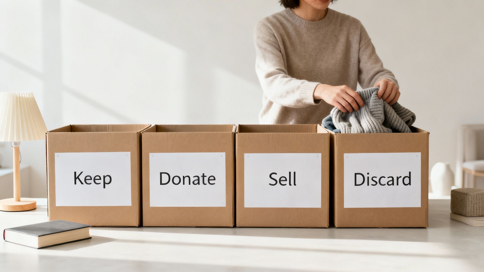 A person decluttering clothes, sorting them into cardboard boxes labeled Keep, Donate, Sell, and Discard.