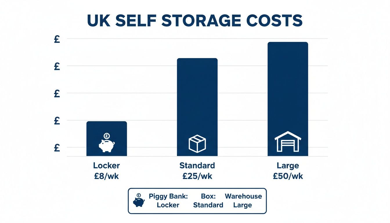 Bar chart detailing UK self-storage costs, showing Locker, Standard, and Large options with prices per week.