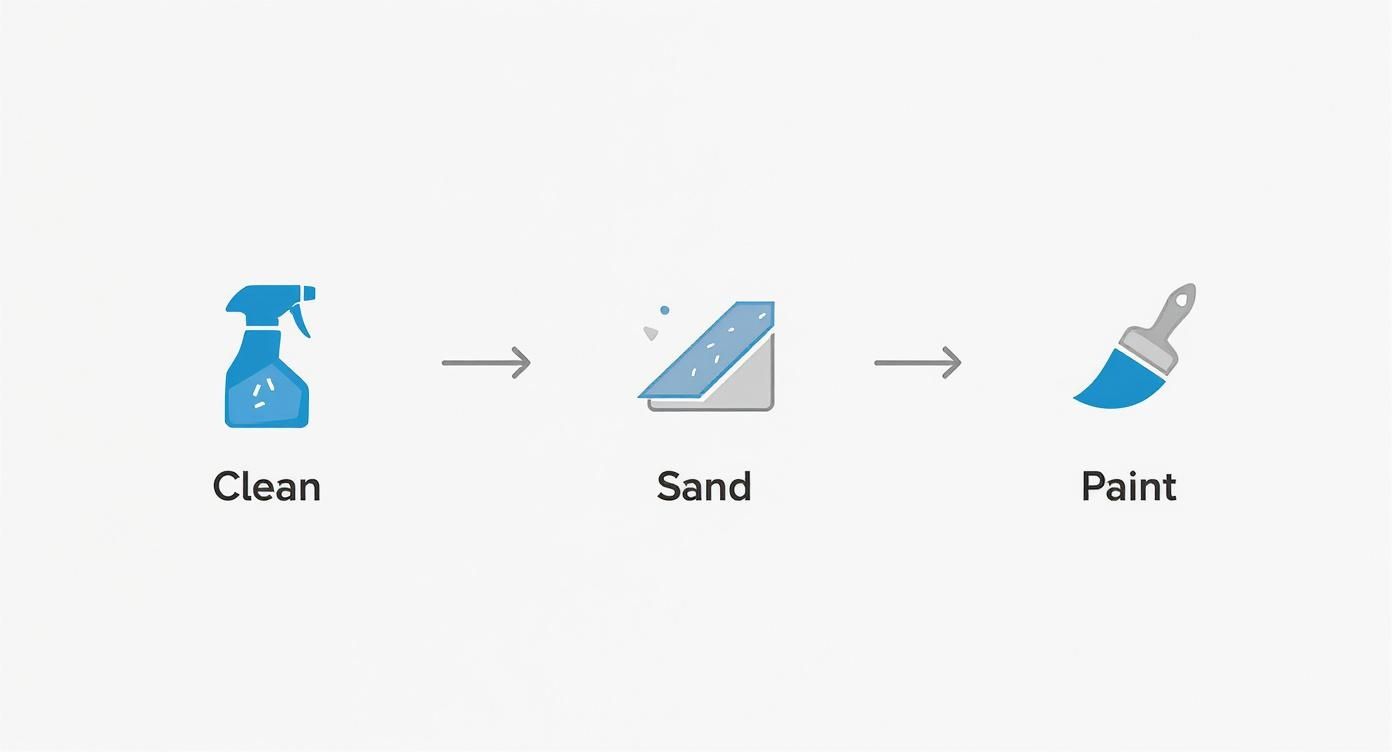 Infographic showing the three essential steps for painting over gloss: Clean, Sand, and Paint, with corresponding icons.