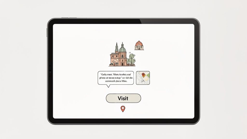 A tablet screen showing cartoon illustrations of historical buildings, a map, and a 'Visit' button.
