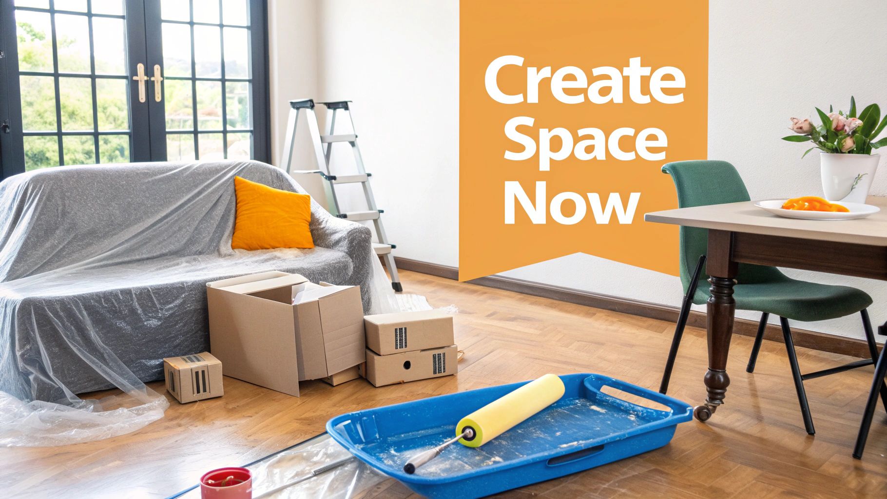 A room undergoing renovation with a sofa covered in plastic, cardboard boxes, a ladder, and painting tools.