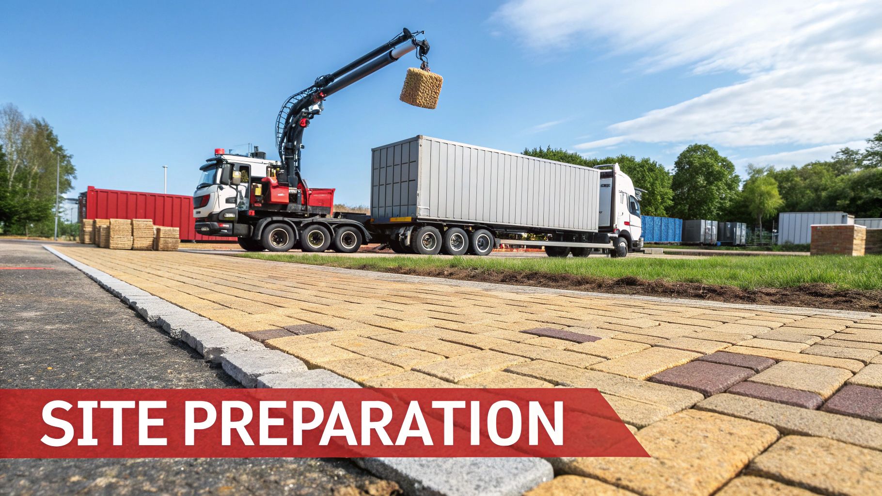 A storage container being carefully lifted into place by a crane on a prepared site.