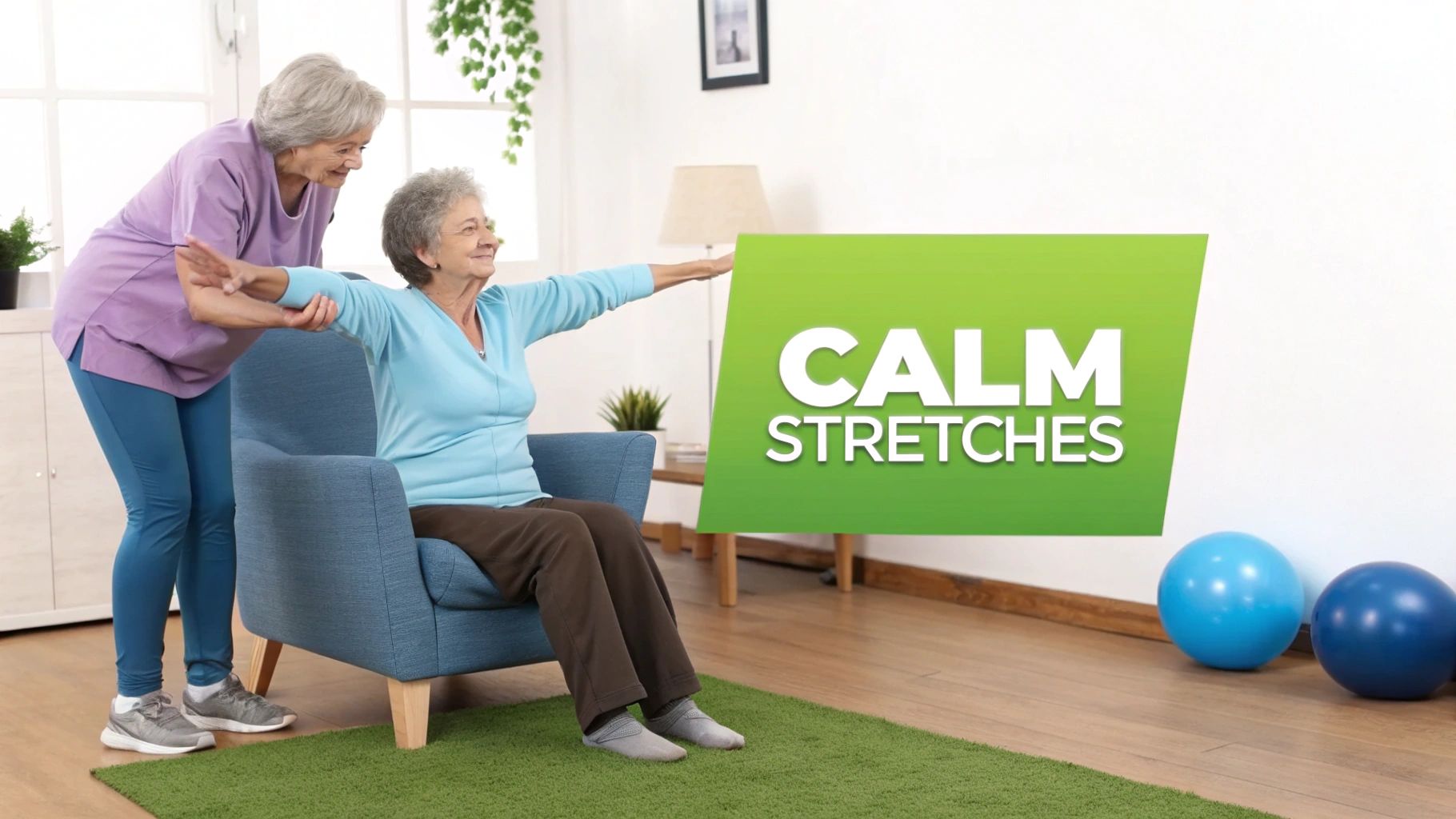 Two smiling elderly women performing calm arm stretches, one assisting the other in a cozy room.