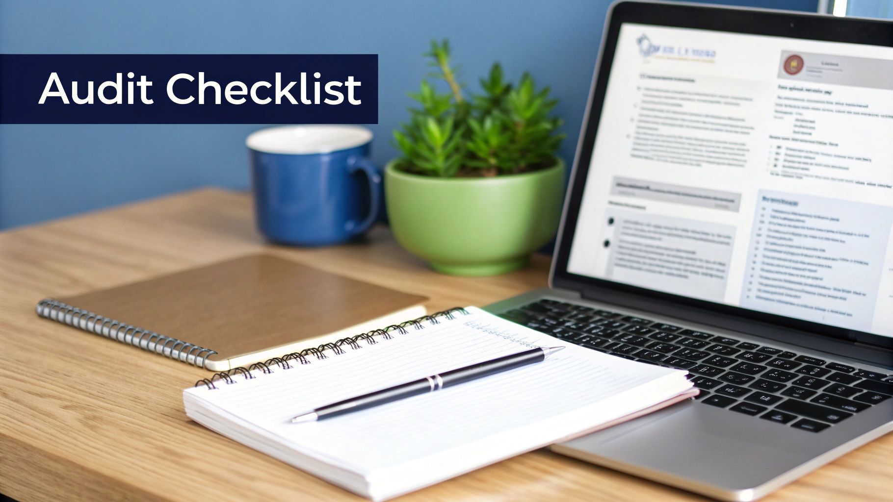 A workspace with a laptop displaying a checklist, notebooks, a pen, and a mug. Text reads 'Audit Checklist'.