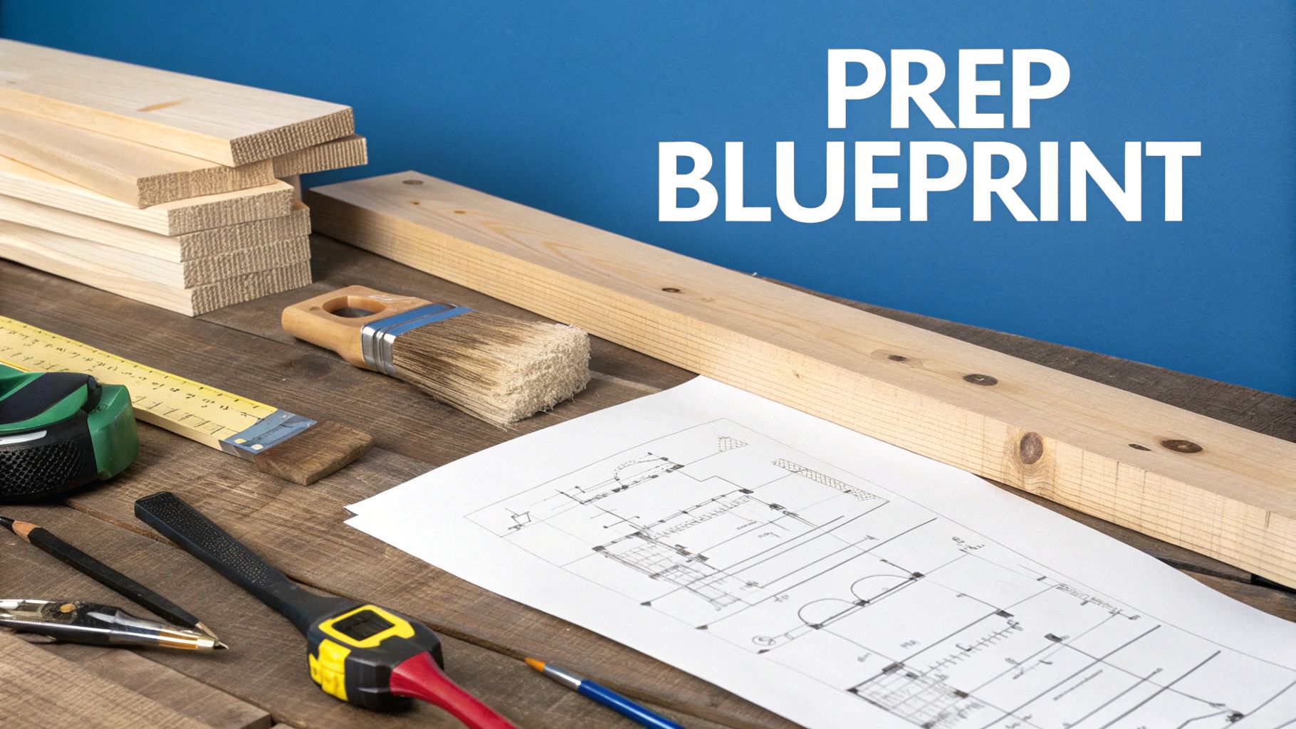 Construction tools, wood planks, and architectural blueprint on workbench for painting preparation project