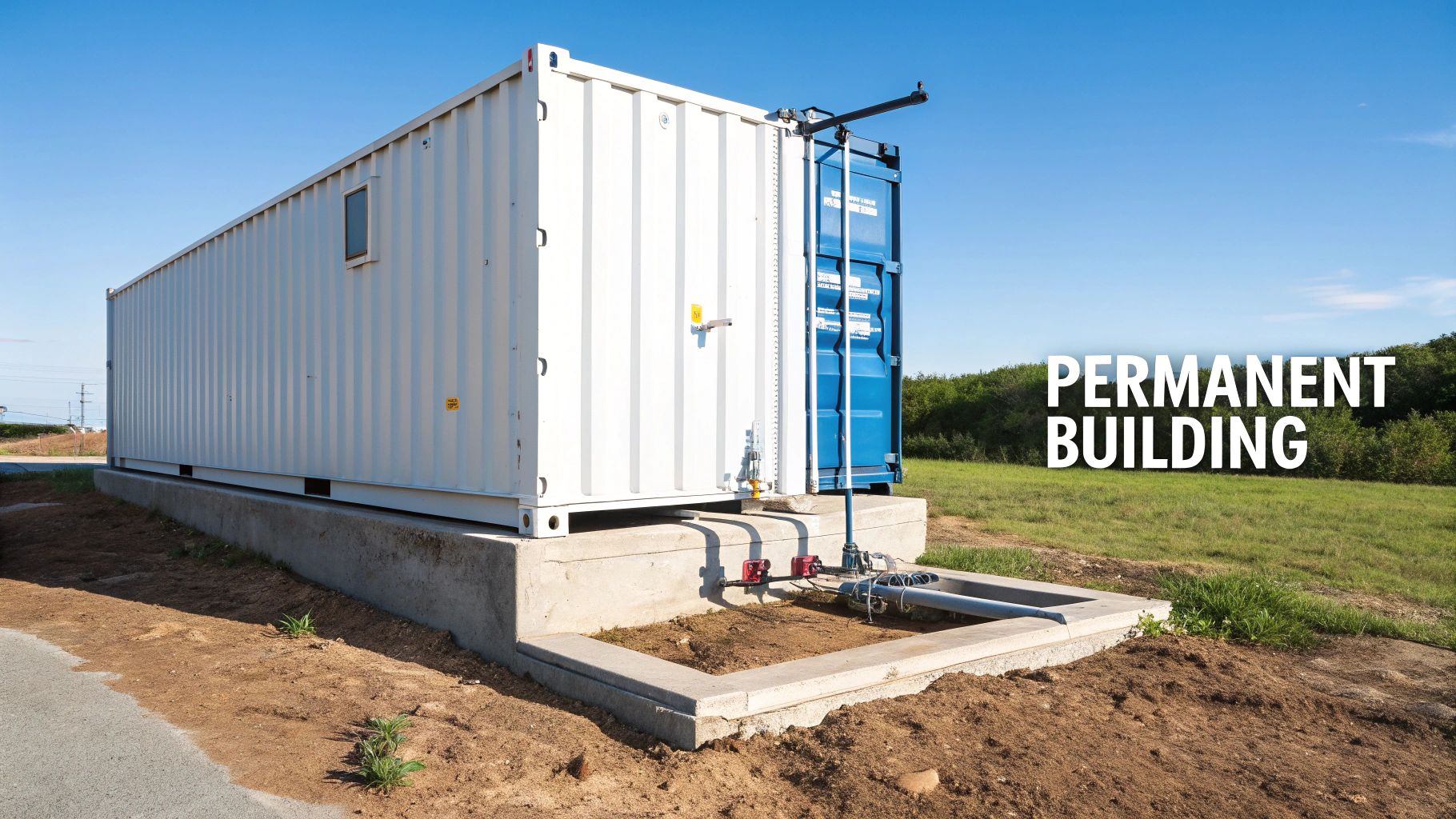 do you need planning permission for shipping container container building • Do you need planning permission for shipping container in the UK? A clear guide A white shipping container building on a concrete foundation in a field, with 'PERMANENT BUILDING' overlay.