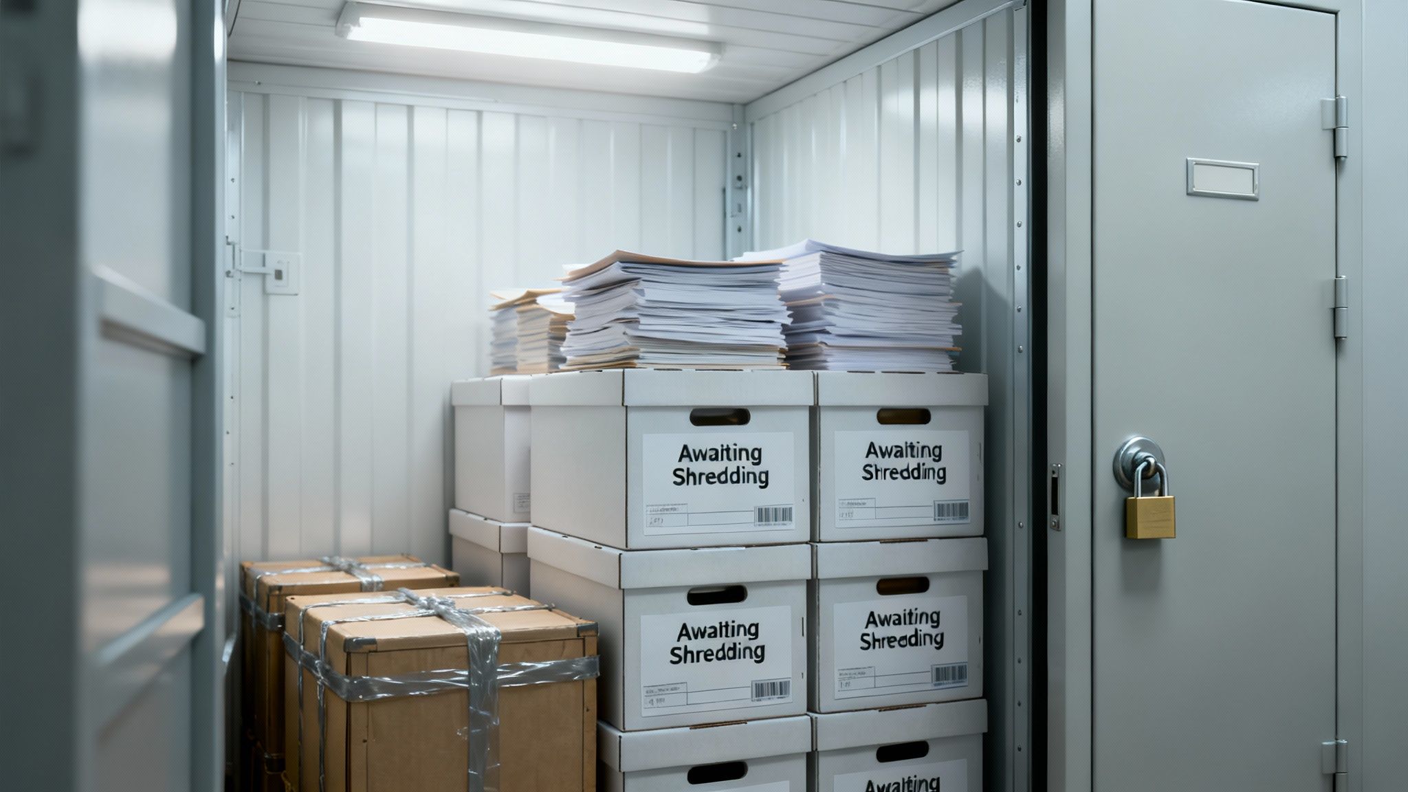 Stacks of documents on boxes labeled 'Awaiting Shredding' in a secure storage room.