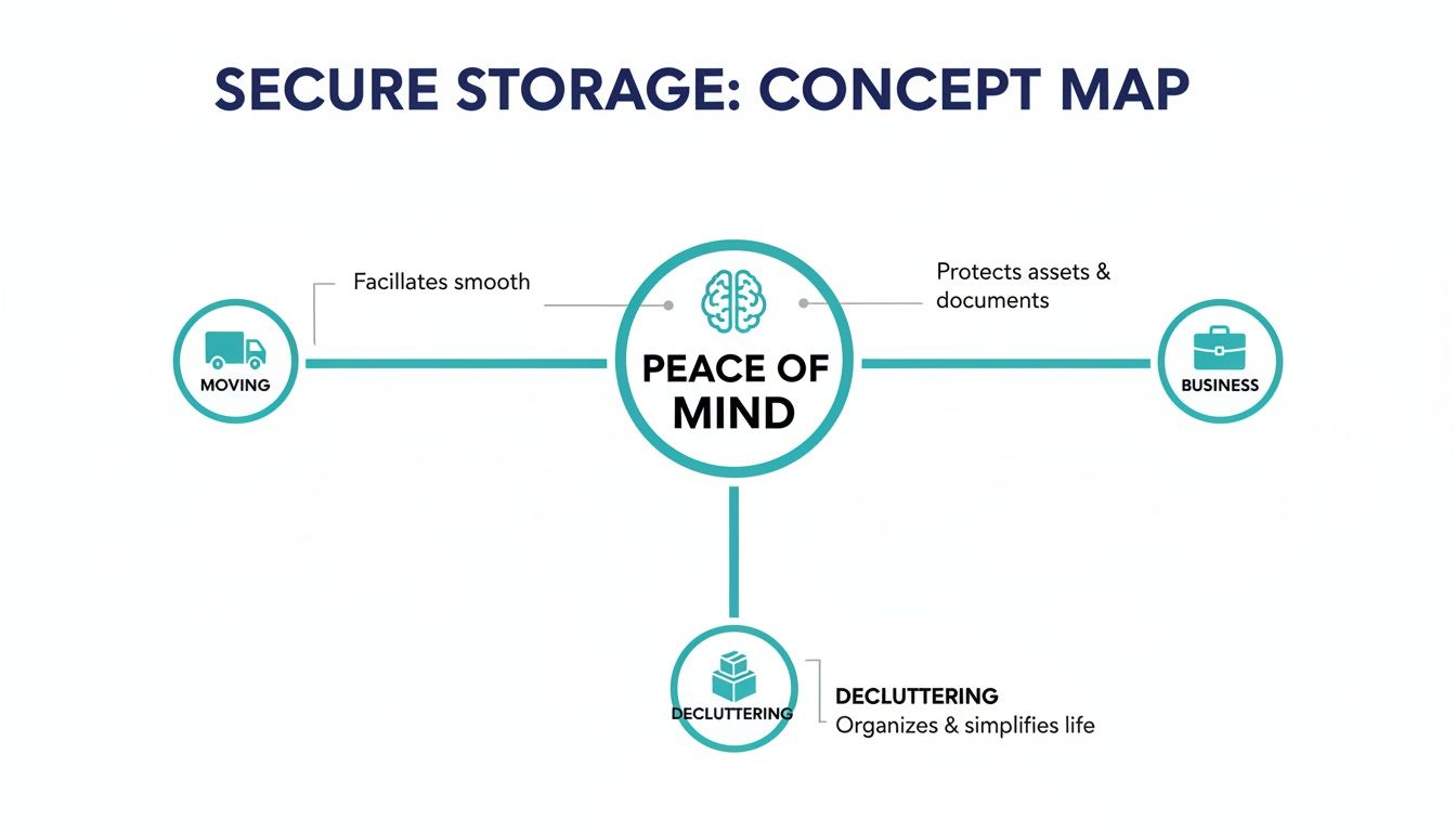 A concept map illustrating 'Secure Storage' benefits leading to 'Peace of Mind' connected to moving, business, and decluttering.